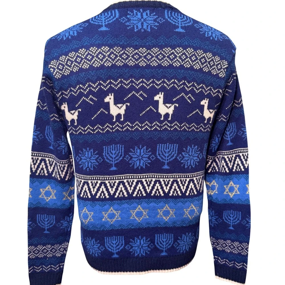 Blizzard Bay Happy Llamakkah Hanukkah Ugly Sweater Blue Menorah Llama Small